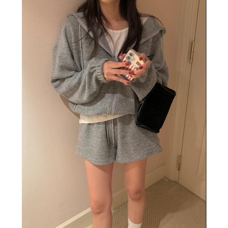 ジップアップ ニットパーカー ショートパンツ セット[品番