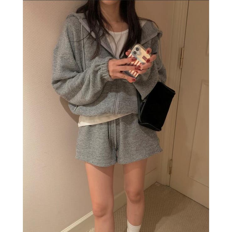 ジップアップ ニットパーカー ショートパンツ セット[品番
