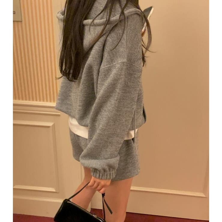 ジップアップ ニットパーカー ショートパンツ セット[品番