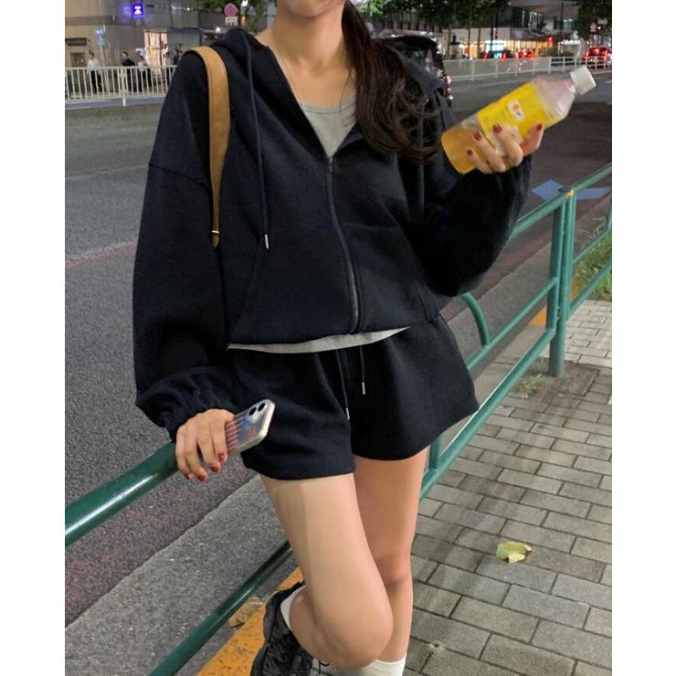 ジップアップ ニットパーカー ショートパンツ セット[品番