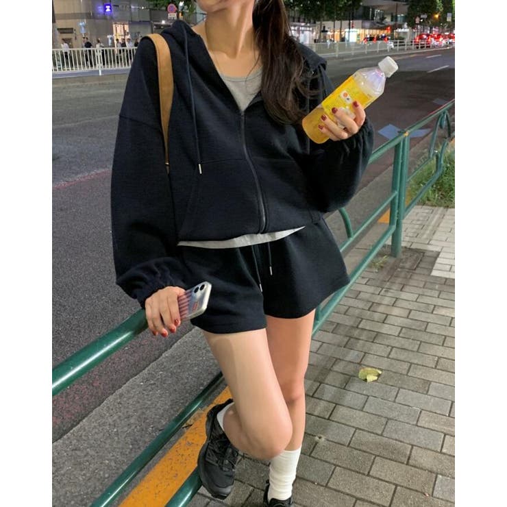 ジップアップ ニットパーカー ショートパンツ セット[品番
