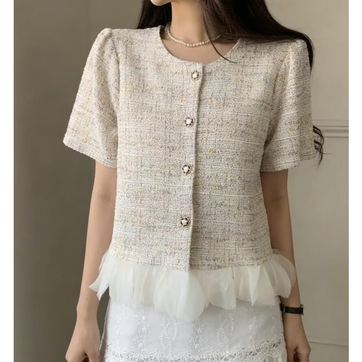 ベージュ | ツイード フリル ショートジャケット | Bifrost