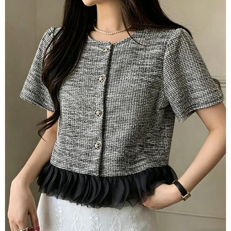 ブラック | ツイード フリル ショートジャケット | Bifrost