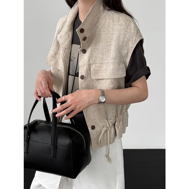 ベージュ | スタンドカラー ワークポケット ドローストベスト | Bifrost