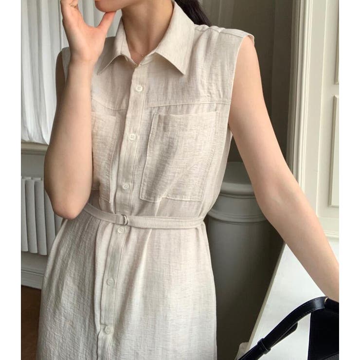 ベルト付き ノースリーブ シャツワンピース[品番:UZ000013333 ベルト付き ノースリーブ シャツワンピース[品番:UZ000013333