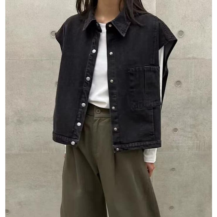 ブラック | 襟付き デニムベスト 前開き ルーズシルエット ショート | Bifrost