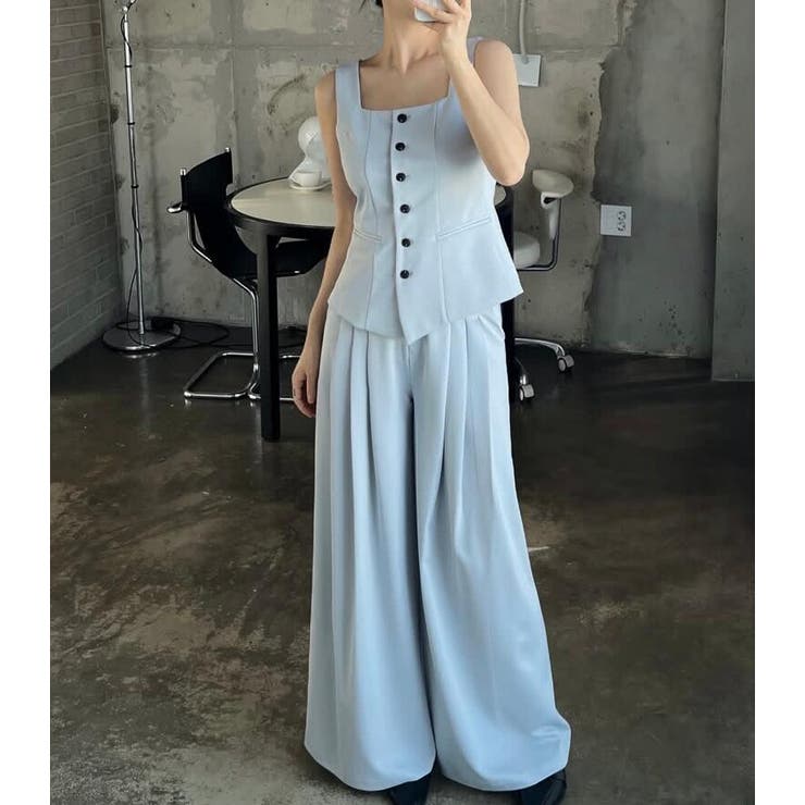 bebeod花瓶プリント ダブルブレストベスト パンツセットアップ スクエアネック ベスト × タックワイドパンツ セットアップ[品番