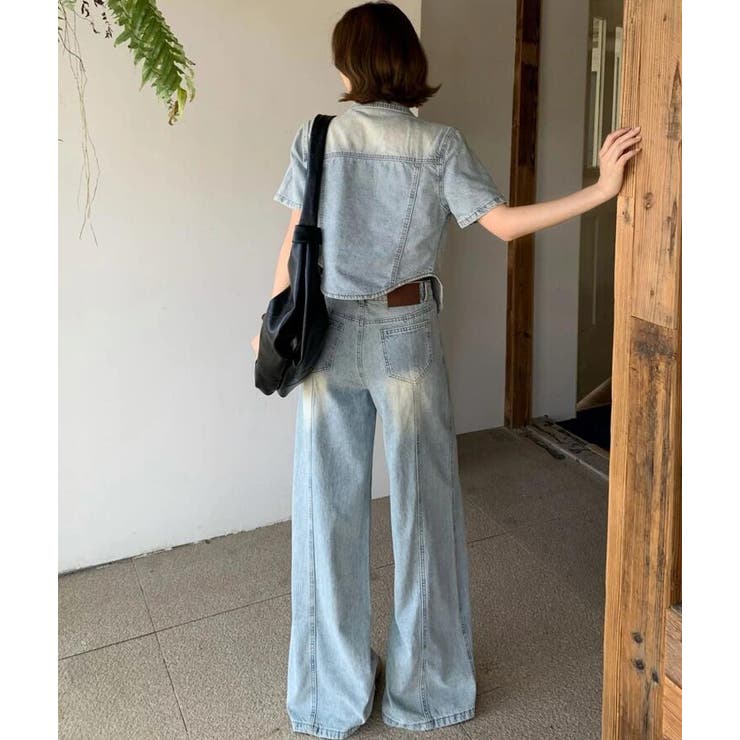 半袖デニムジャケット × ハイウエストワイドデニムパンツ セットアップ