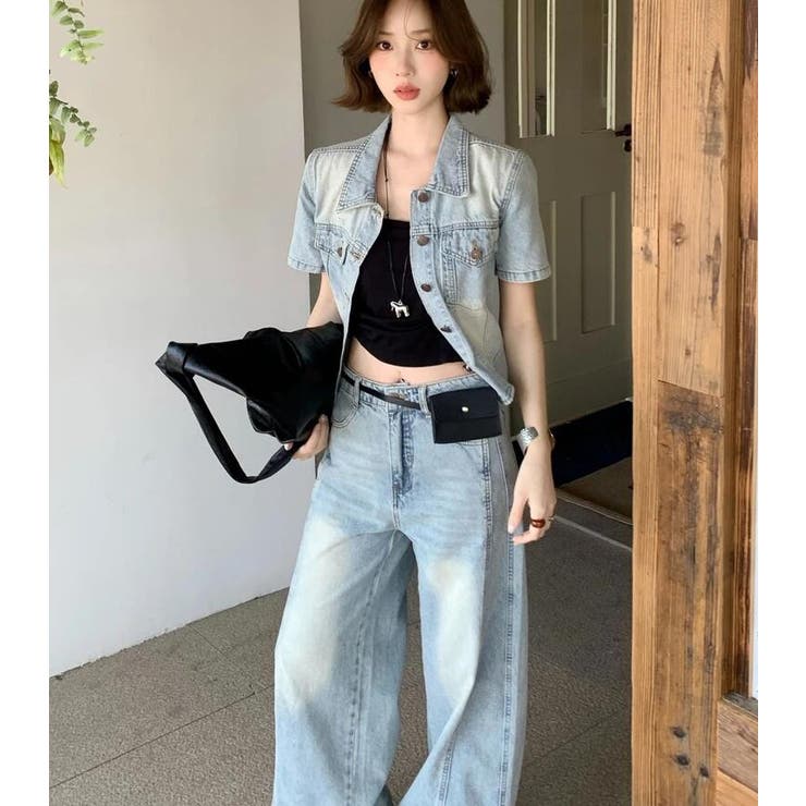 半袖デニムジャケット × ハイウエストワイドデニムパンツ セットアップ