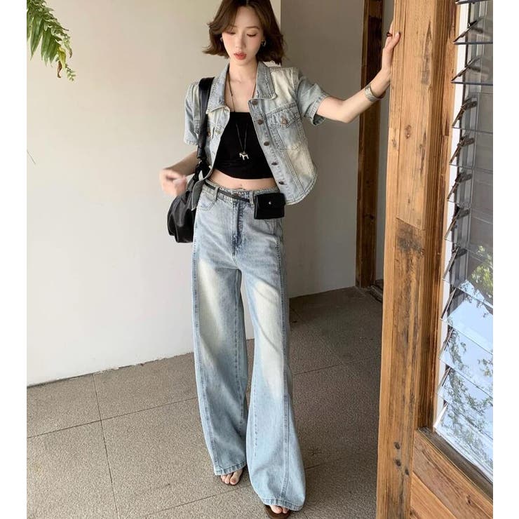 半袖デニムジャケット × ハイウエストワイドデニムパンツ セットアップ