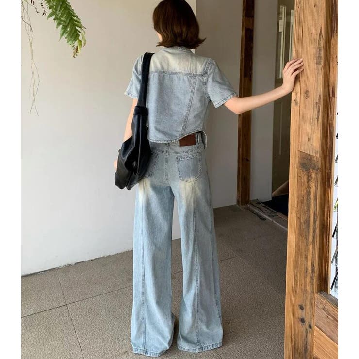 半袖デニムジャケット × ハイウエストワイドデニムパンツ セットアップ