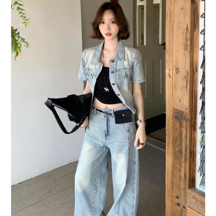 半袖デニムジャケット × ハイウエストワイドデニムパンツ セットアップ