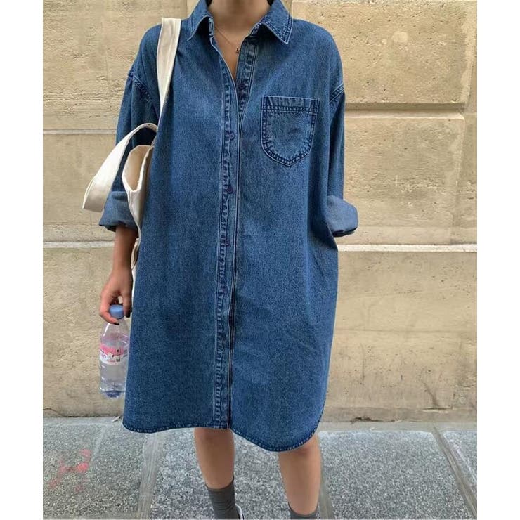 アウトレット★yemen デニムシャツドレス シャツカット ルーズフィット デニムワンピース[品番