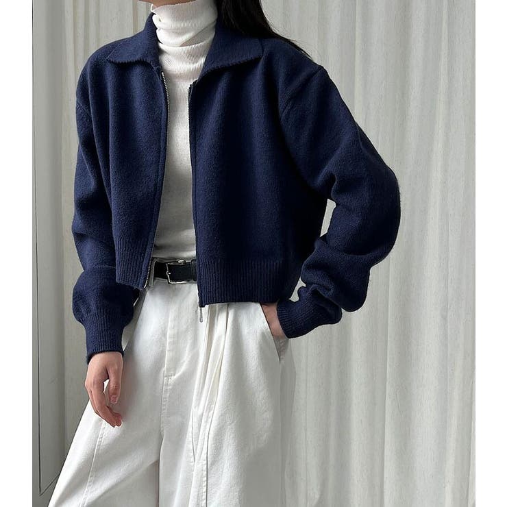 ネイビー | ターンダウンカラー ショート ニットアウター ファスナーデザイン | Bifrost