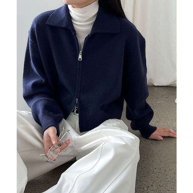 ターンダウンカラー ショート ニットアウター ファスナー