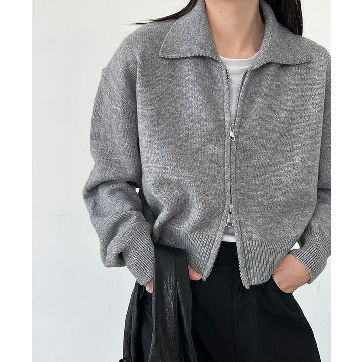 グレー | ターンダウンカラー ショート ニットアウター ファスナーデザイン | Bifrost