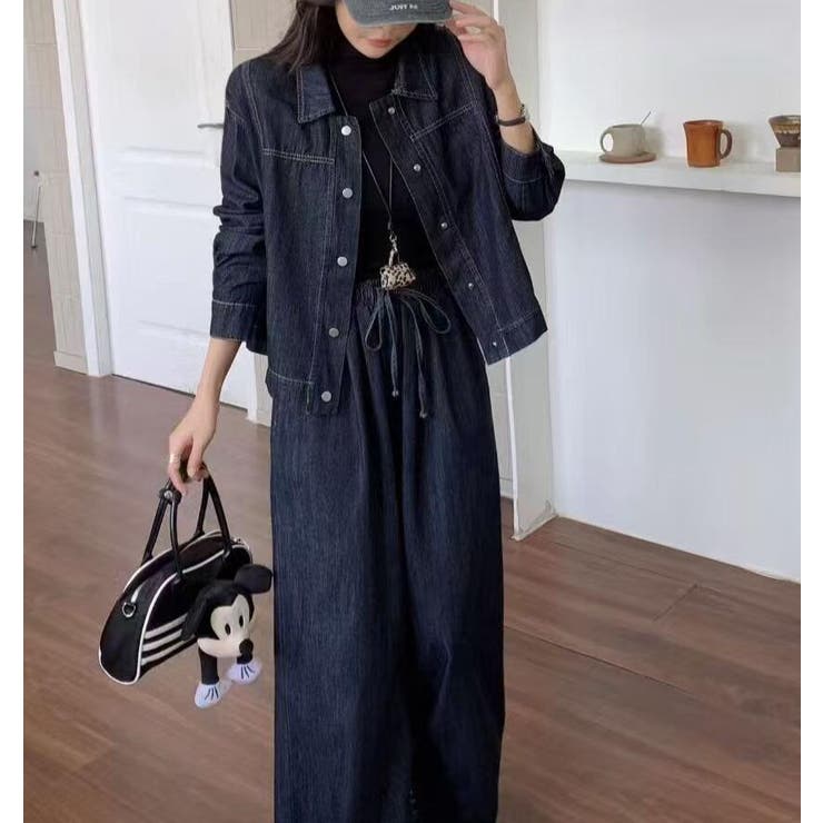 ショートデニムジャケット＆ワイドレッグデニムパンツセット[品番