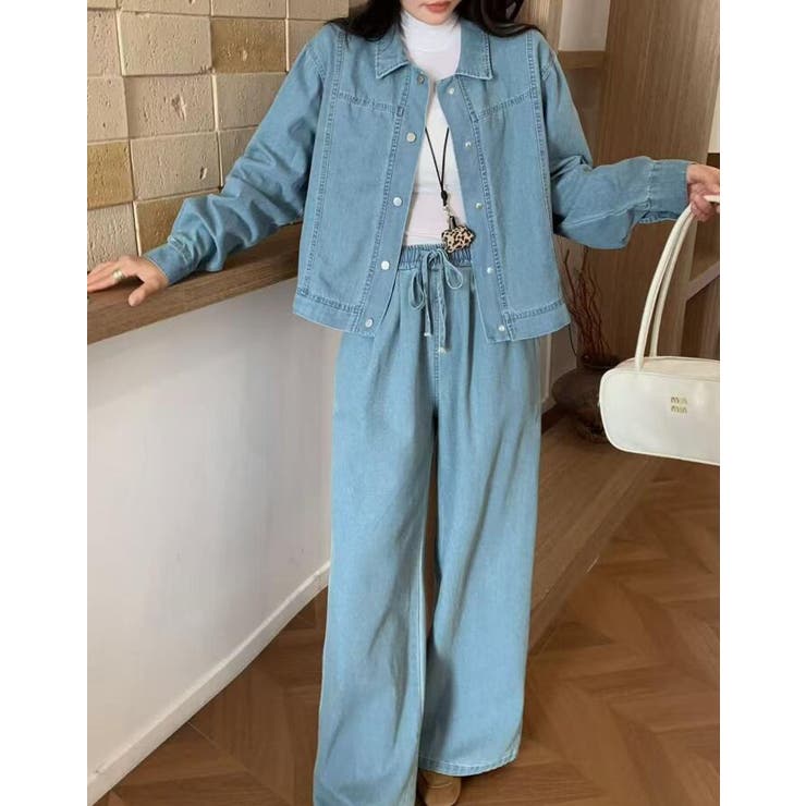 ショートデニムジャケット＆ワイドレッグデニムパンツセット