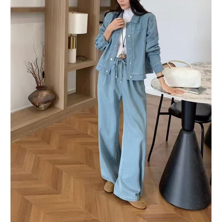 ショートデニムジャケット＆ワイドレッグデニムパンツセット[品番