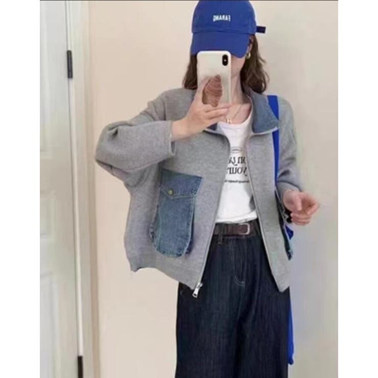 デニムパッチワーク フルジッパー ルーズフィット ニットカーディガン | Bifrost | 詳細画像4