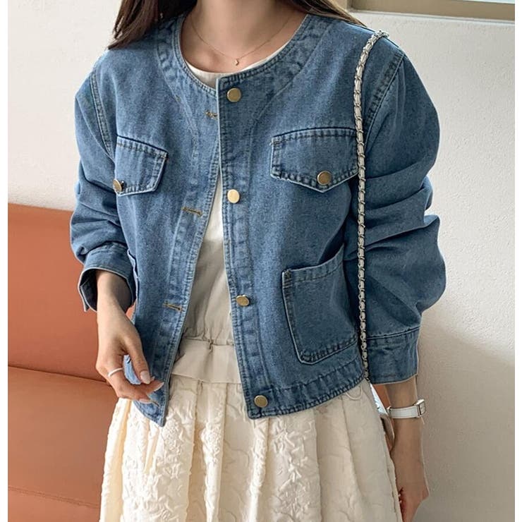 丸ネック マルチポケット ボタンファスナー ショート丈 デニム