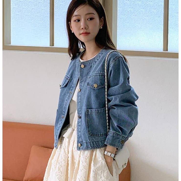 丸ネック マルチポケット ボタンファスナー ショート丈 デニム