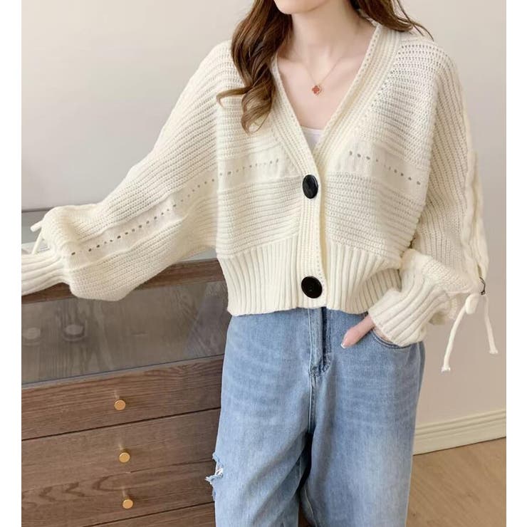 オフホワイト | デニムパッチワーク フルジッパー ルーズフィット ニットカーディガン | Bifrost