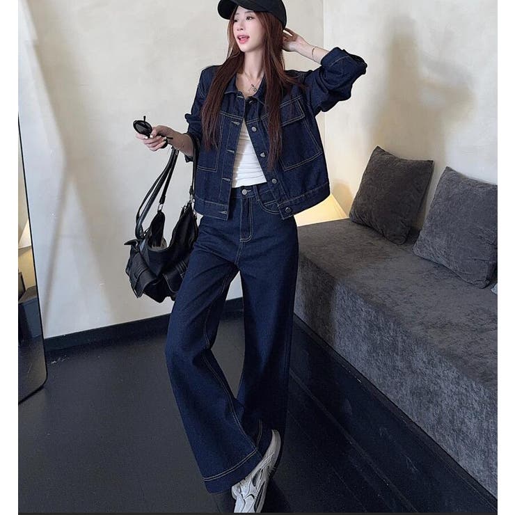 デニム ショートジャケット ボタンファスナー ワイドレッグデニム