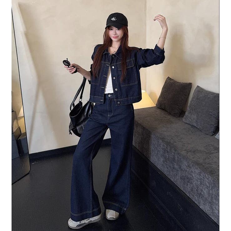 デニム ショートジャケット ボタンファスナー ワイドレッグデニム