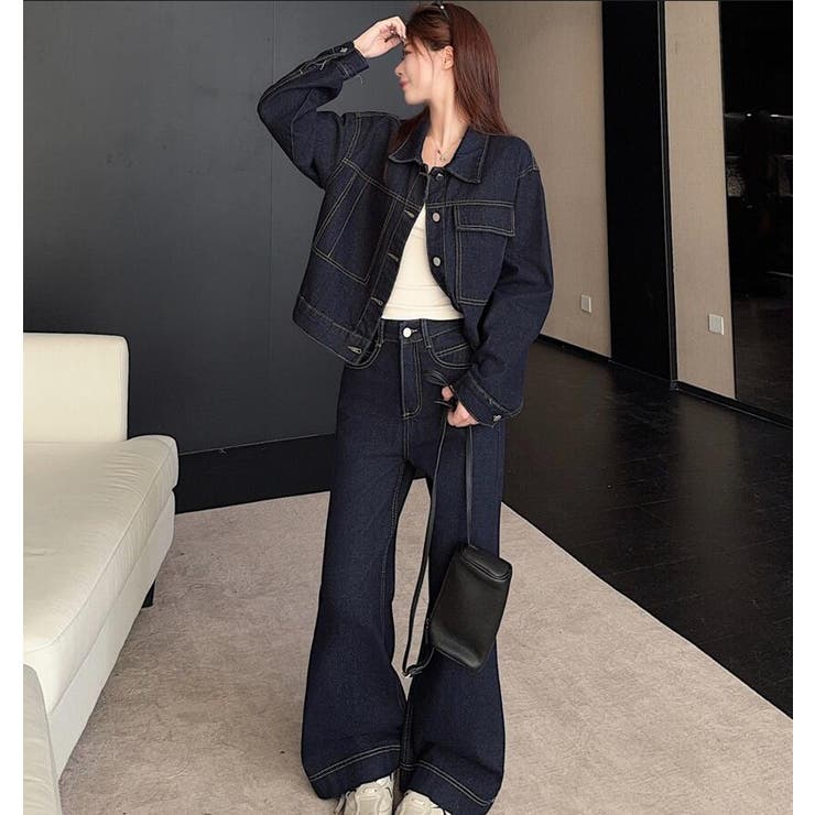 デニム ショートジャケット ボタンファスナー ワイドレッグデニム