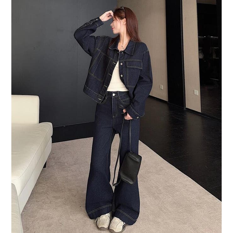 デニム ショートジャケット ボタンファスナー ワイドレッグデニム