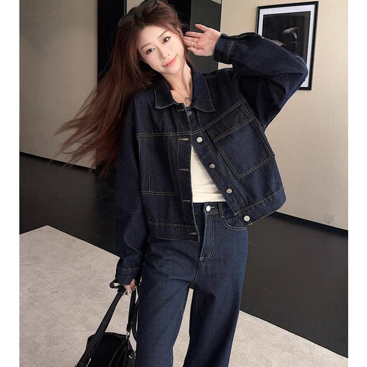 デニム ショートジャケット ボタンファスナー ワイドレッグデニム