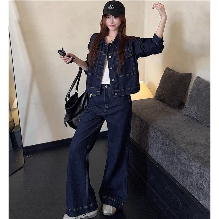 デニム ショートジャケット ボタンファスナー ワイドレッグデニム