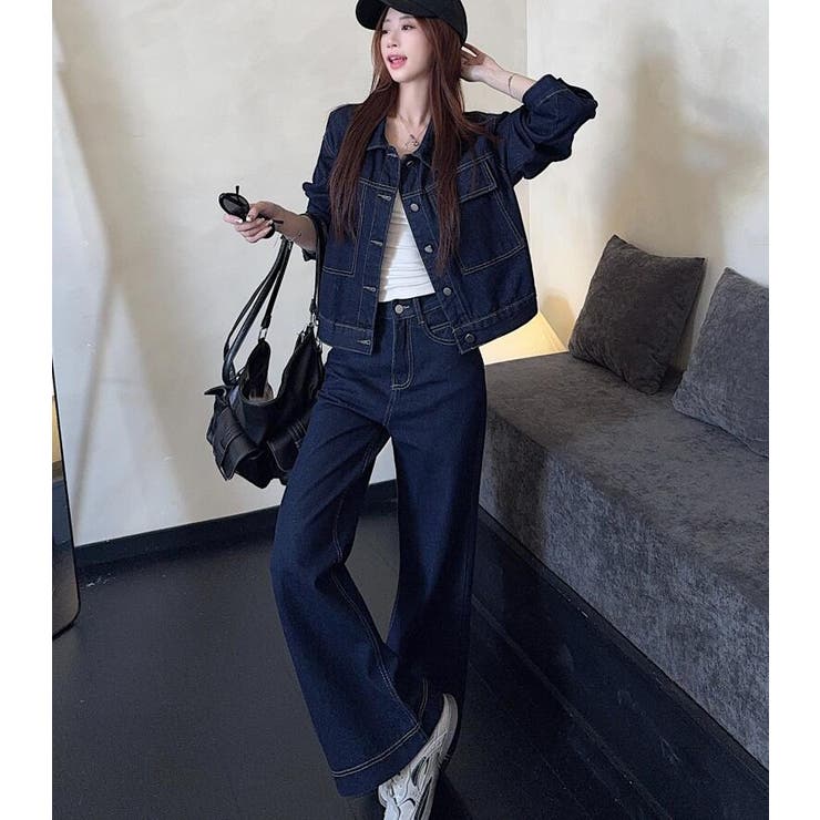 デニム ショートジャケット ボタンファスナー ワイドレッグデニム