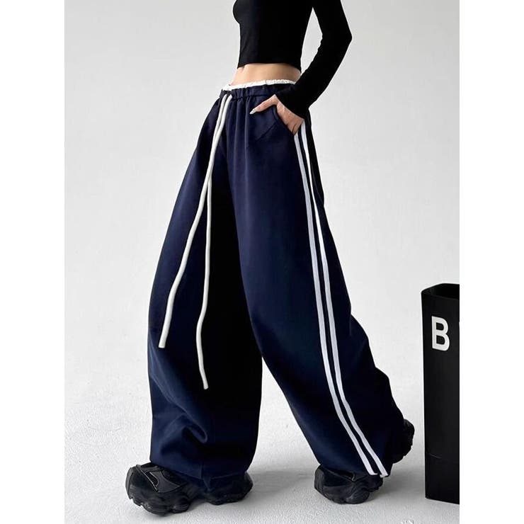 ドローコードウエスト ワイドレッグ サイドストライプ ポケット付き