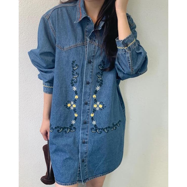 シャツカラー ボタンファスナー 刺繍デコレーション[品番：UZ000011240