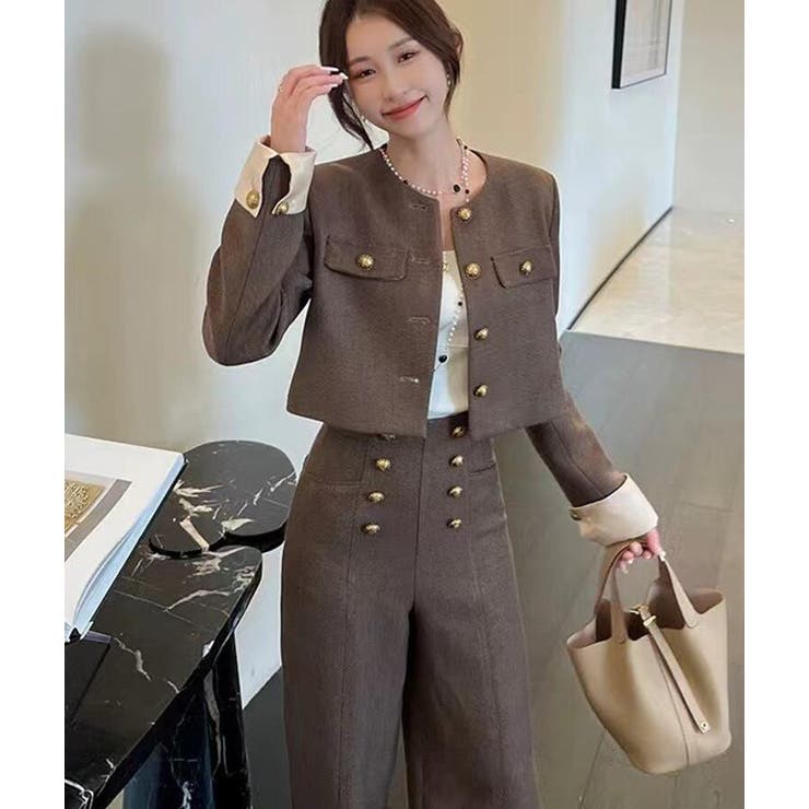 ブラウン | ミニマル丸ネックショート メタルボタン ワイドレッグ セット | Bifrost