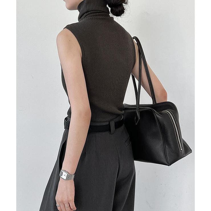 リブ編み ノースリーブ トップス 黒 リブ編みタートルネックノースリーブニットトップス[品番：UZ000011322