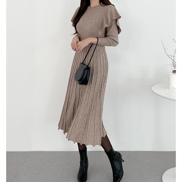 フリル袖プリーツニットロングワンピース | Bifrost | 詳細画像1 