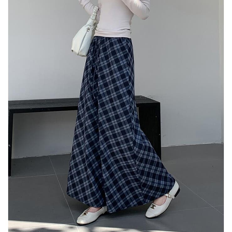 チェック柄ワイドロングスカート[品番：UZ000011479]｜Bifrost