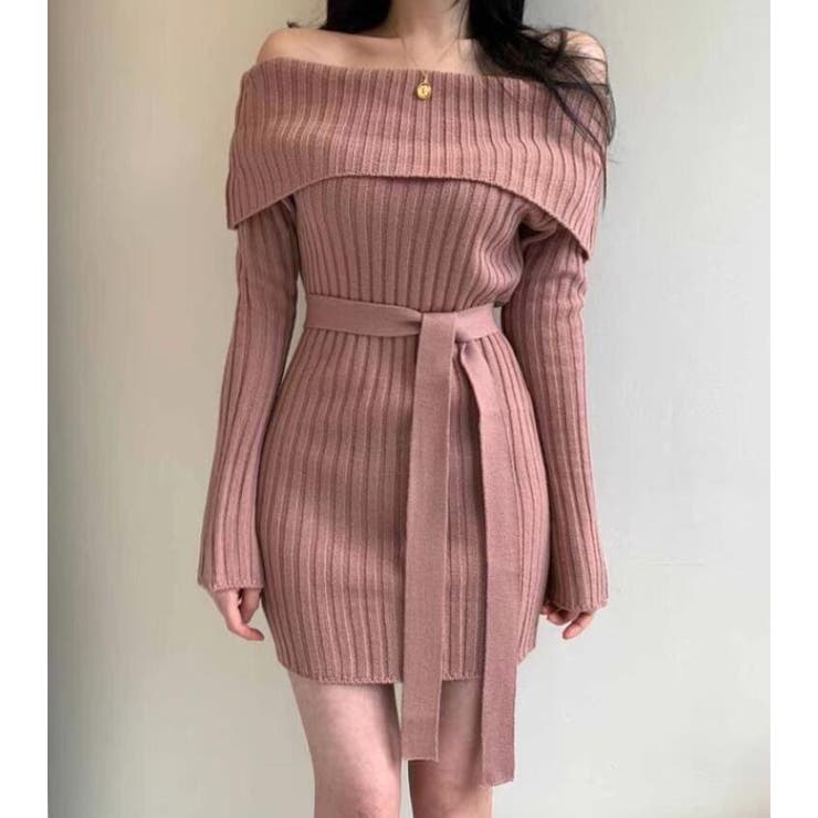 ピンク | オフショルダーリブニットワンピース | Bifrost