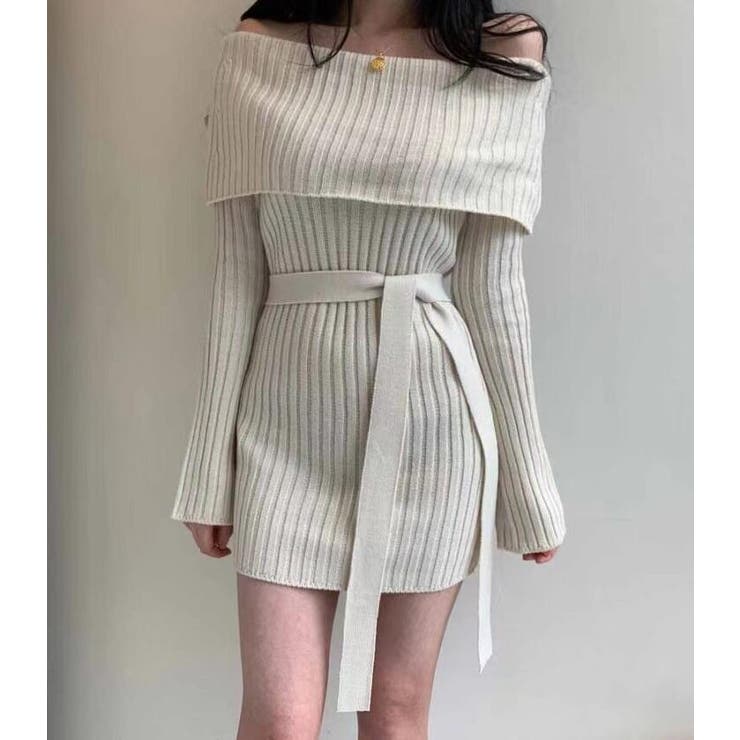 ホワイト | オフショルダーリブニットワンピース | Bifrost