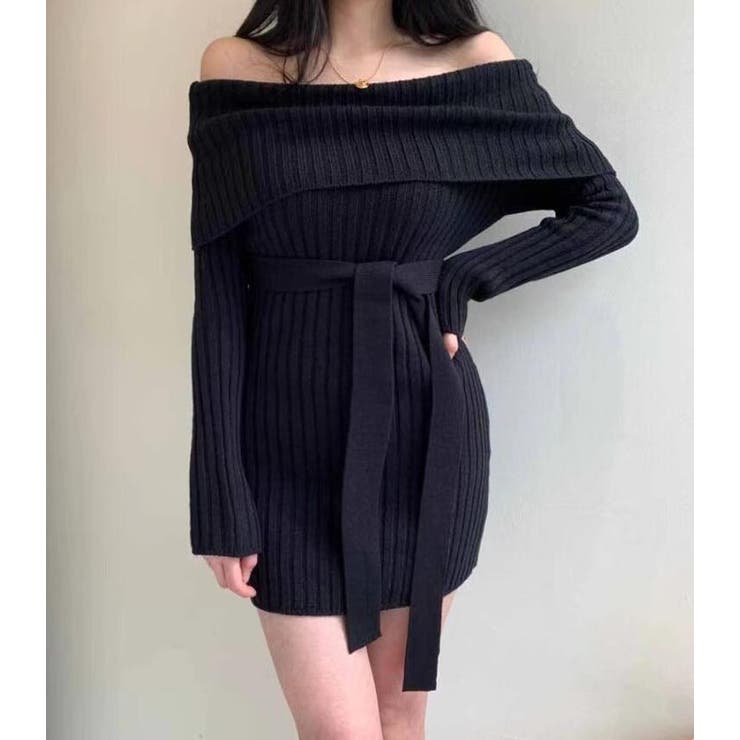 ブラック | オフショルダーリブニットワンピース | Bifrost