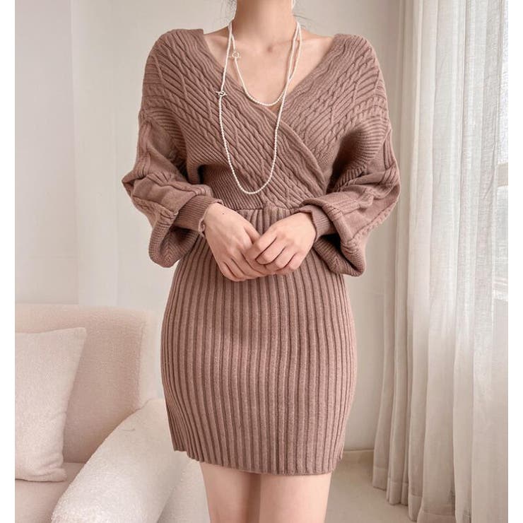 キャメル | ケーブルニットクロスワンピース | Bifrost