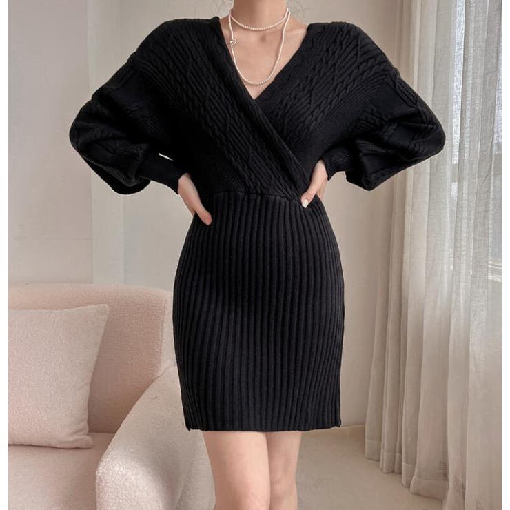 ブラック | ケーブルニットクロスワンピース | Bifrost