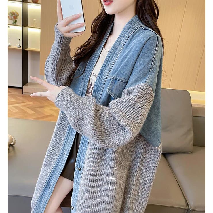 FDMTL　デニム ロングカーディガン デニムとニットのコンビネーションロングカーディガン[品番