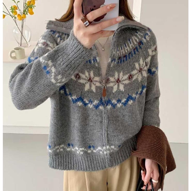 グレー | フェアアイル柄フルジップニットセーター | Bifrost