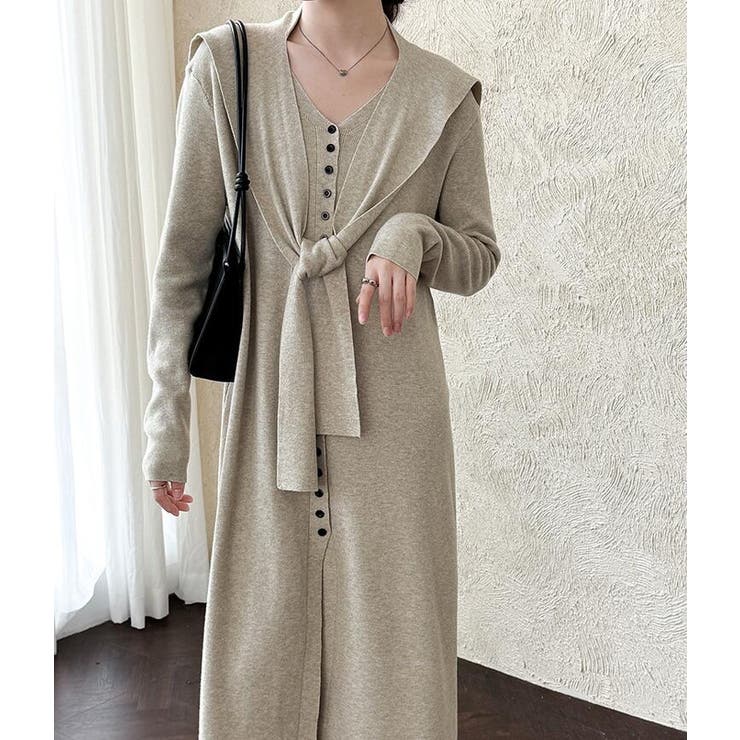 ベージュ | 結びデザインのツーピースニットワンピース | Bifrost