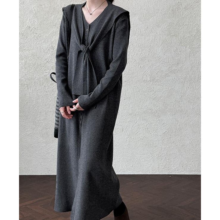 ダークグレー | 結びデザインのツーピースニットワンピース | Bifrost