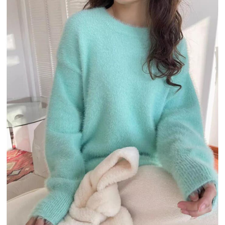 グリーン | 丸襟ふわふわニットセーター | Bifrost